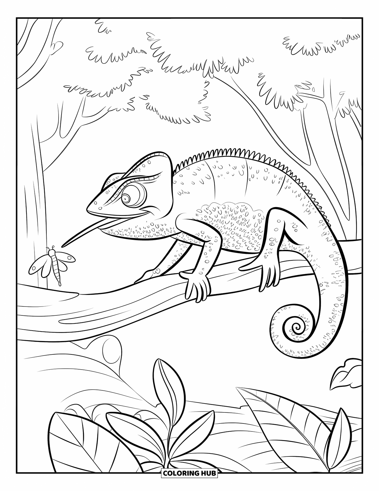 Chameleon Coloring Page for Kids: A tongue-out chameleon targets a moth in a thick, leafy forest