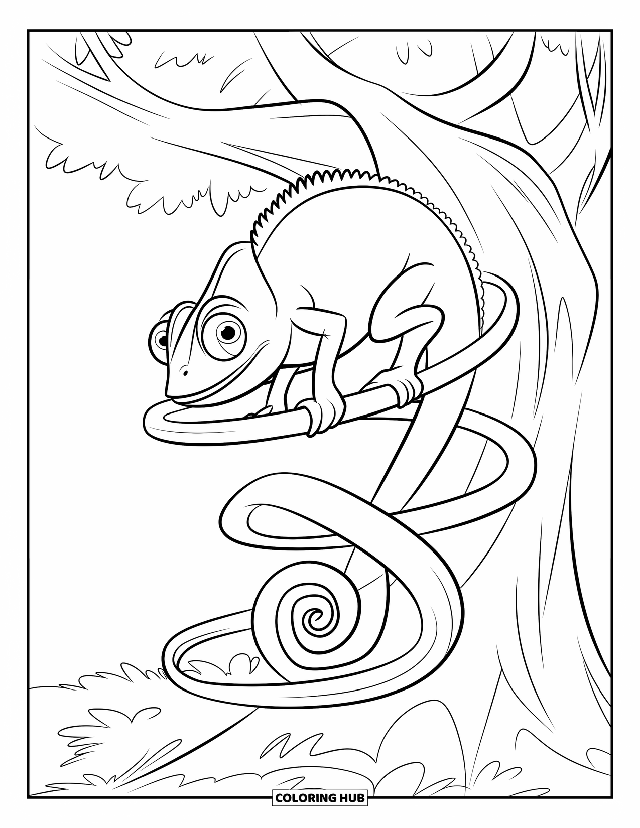 Chameleon Coloring Page for Kids: A vine-climbing chameleon blends into a spiral around a tree