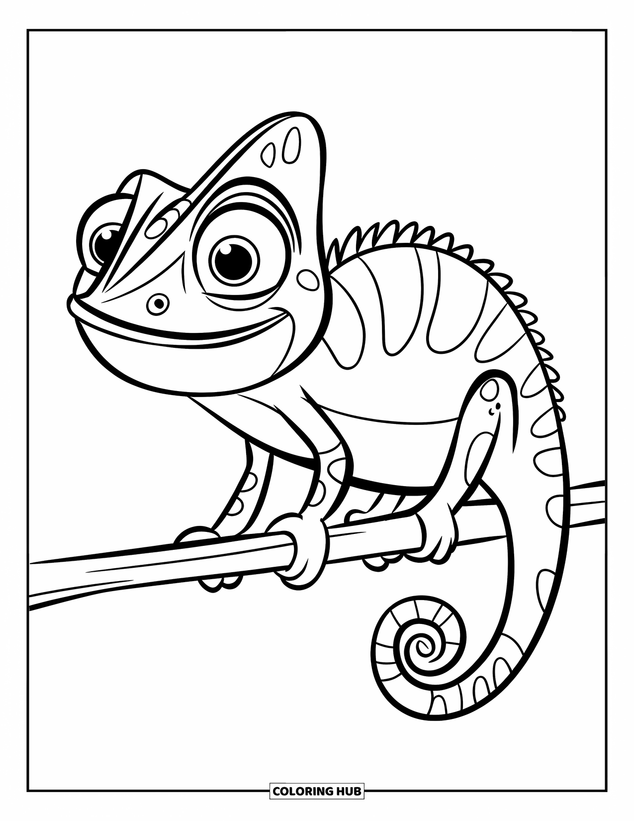 Chameleon Coloring Page for Kids: A wide-eyed chameleon with a curled tail sits calmly on a stick