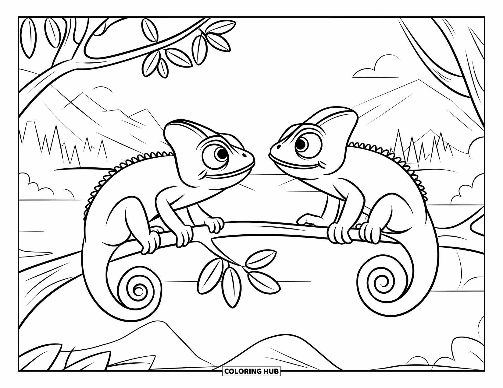 Chameleon Coloring Page for Kids: Two chameleons face each other on a tree branch in a peaceful scene