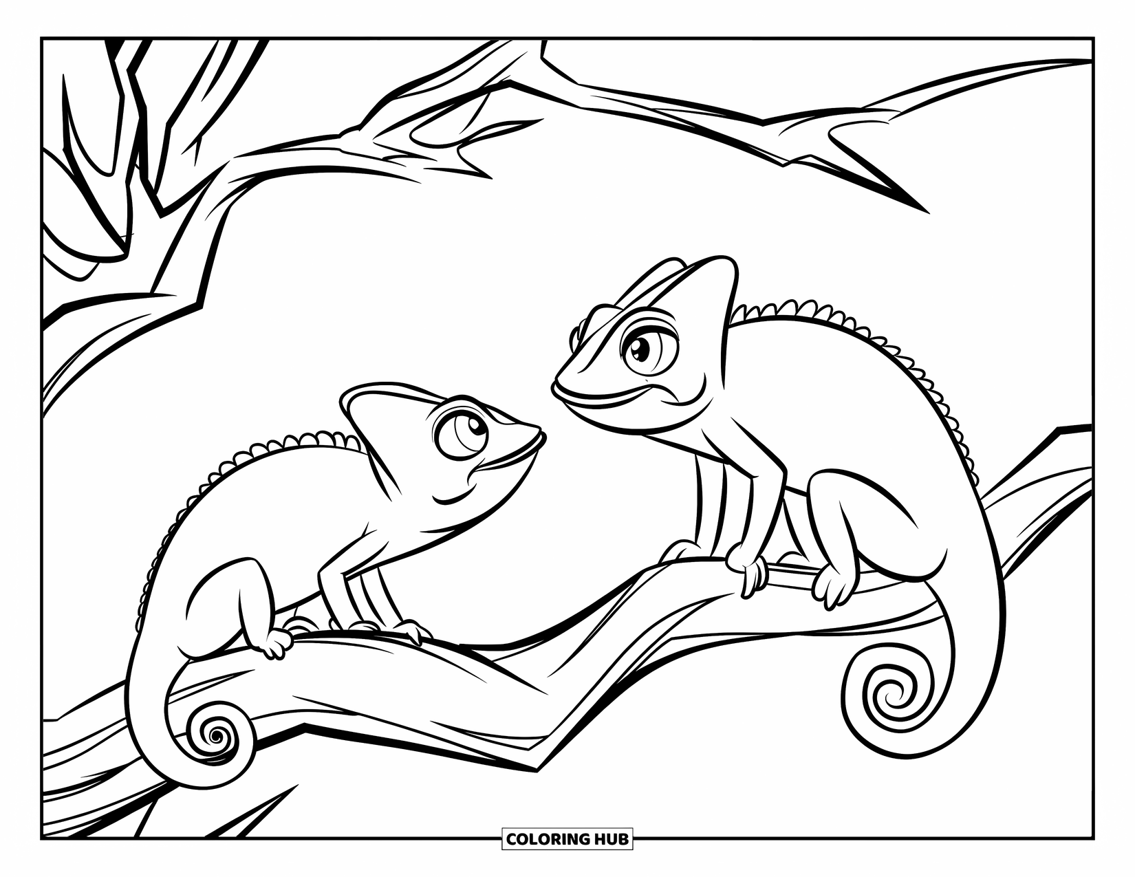 Chameleon Coloring Page for Kids: Two expressive chameleons look at each other on a twisted branch