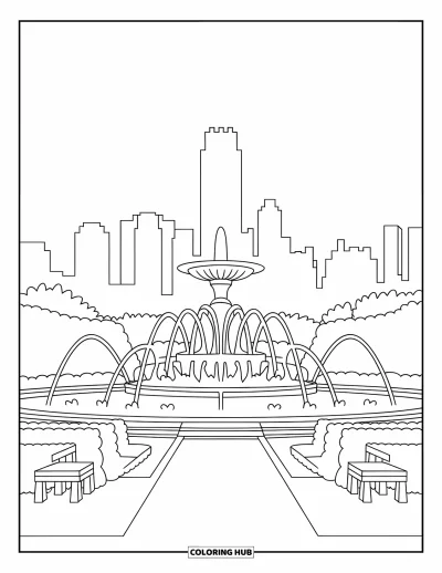 Coloriage de Chicago pour adultes : La fontaine Buckingham dans Grant Park jaillit haut avec la skyline de Chicago en arrière-plan
