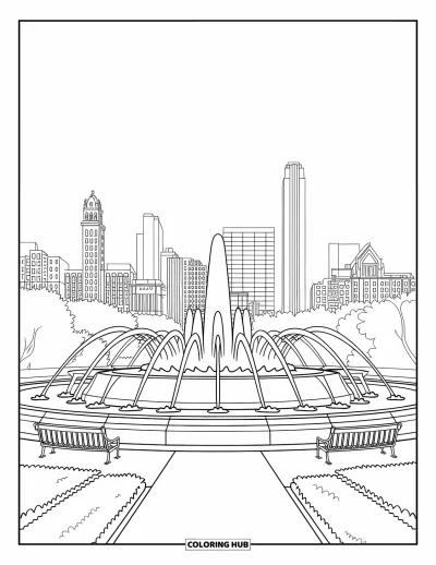 Coloriage de Chicago pour adultes : La fontaine Buckingham jaillit vers le ciel entourée de verdure et des bâtiments de Chicago