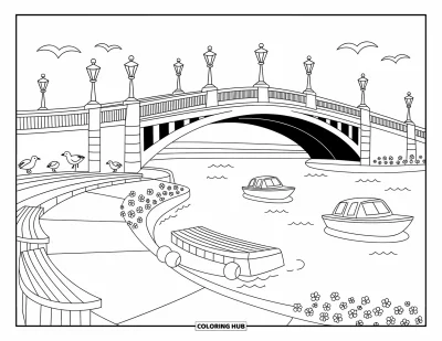 Coloriage de Chicago pour adultes : La promenade de la Chicago River avec un pont-levis, des bateaux, des bancs et de charmants parasols près de l'eau