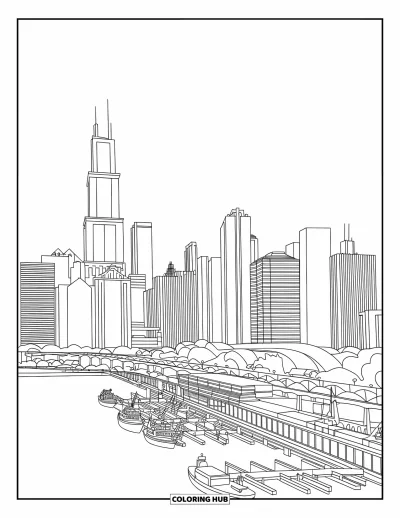 Coloriage de Chicago pour adultes : La skyline de Chicago vue depuis l'autre rive du lac Michigan avec des bateaux amarrés dans le port