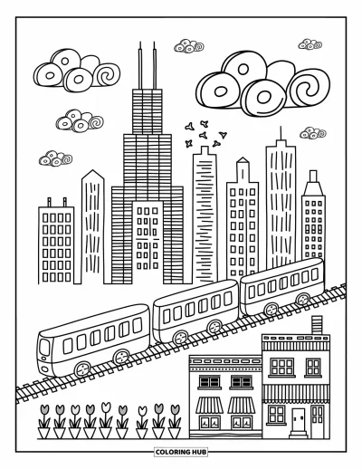 Coloriage de Chicago pour adultes : La skyline de Chicago avec la Willis Tower et le train « L », des tulipes et des banderoles étoilées