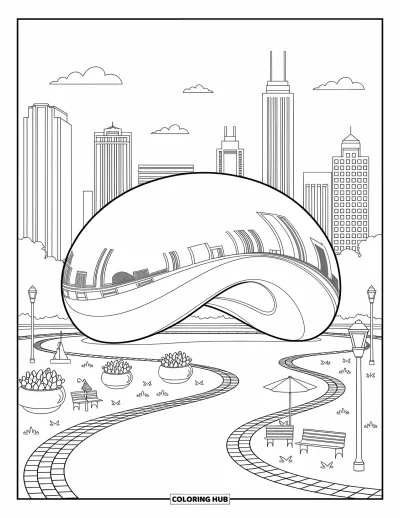 Coloriage de Chicago pour adultes : La sculpture The Bean brille dans le parc avec de petits massifs, des allées et des bâtiments environnants