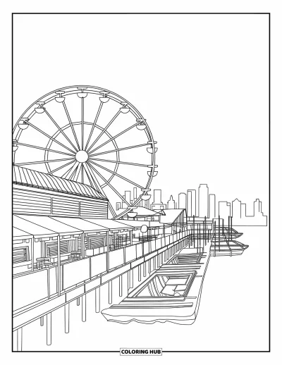 Coloriage de Chicago pour adultes : Le Navy Pier de Chicago avec sa grande roue et des bateaux de croisière amarrés près des stands alimentaires