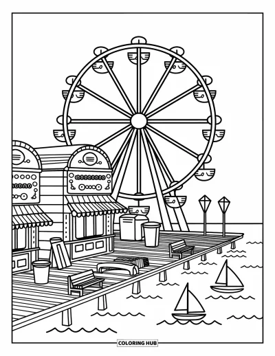 Coloriage de Chicago pour adultes : Le Navy Pier de Chicago avec sa grande roue, des stands de limonade et des voiliers amarrés à proximité