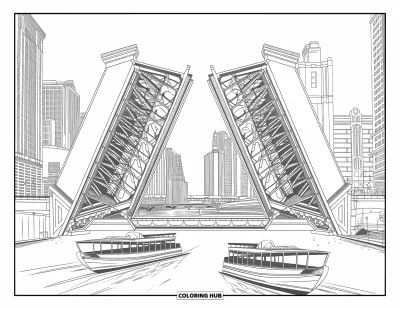 Coloriage de Chicago pour adultes : Les ponts emblématiques du centre de Chicago se lèvent au passage des bateaux, les immeubles se reflétant sur l'eau calme