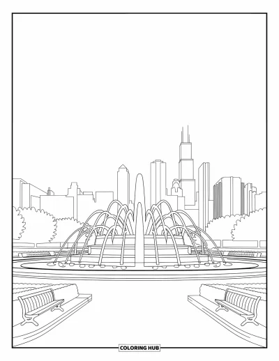 Coloriage de Chicago pour adultes : La célèbre fontaine Buckingham entourée de bancs, de haies et des gratte-ciel de Chicago