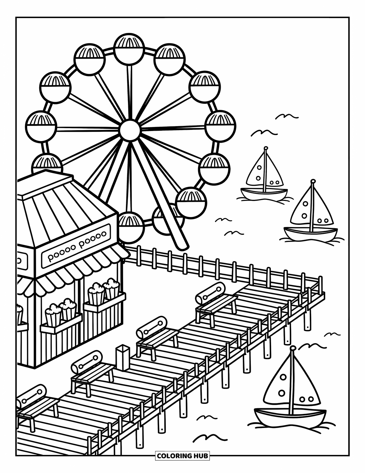 Chicago Coloring Page for Adults: Ferris Wheel spins at Navy Pier beside a lake with boats and snack stands