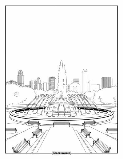 Coloriage de Chicago pour adultes : La fontaine Buckingham de Grant Park avec de hauts jets d'eau et des vues sur la skyline de la ville