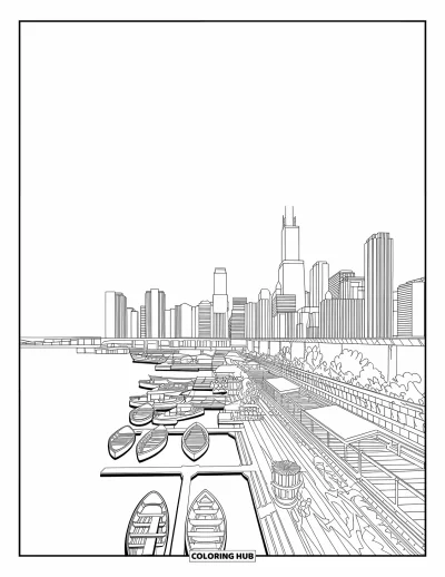 Coloriage de Chicago pour adultes : Paysage urbain en couches et bateaux dans le port vus depuis les rives du lac Michigan à Chicago