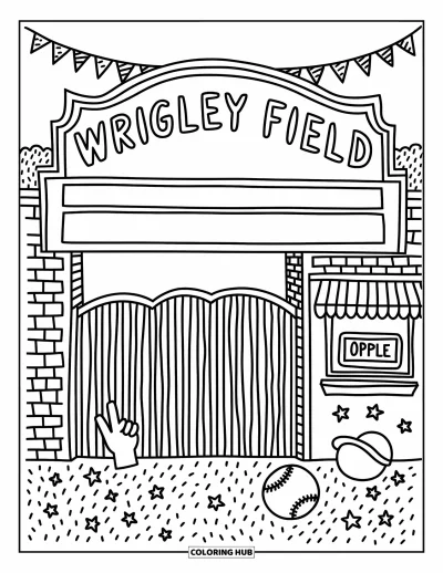 Coloriage de Chicago pour adultes : Le fronton du Wrigley Field avec des drapeaux, une casquette et des étoiles accueille les visiteurs avec style