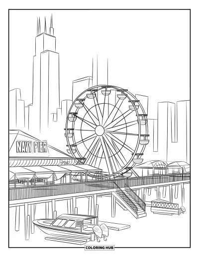 Coloriage de Chicago pour adultes : Le quai de Navy Pier avec une grande roue, des bateaux, des stands de restauration et des vues sur la skyline