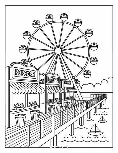 Coloriage de Chicago pour adultes : La grande roue de Navy Pier avec des stands de restauration, des bancs et des voiliers sur le lac