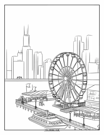Coloriage de Chicago pour adultes : Scène de Navy Pier avec des bateaux, une grande roue et des étals de nourriture le long du quai