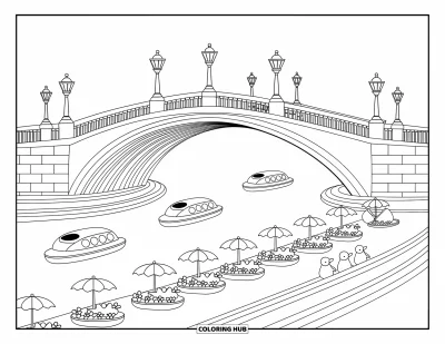Coloriage de Chicago pour adultes : La Chicago River paisible avec des pédalos, un pont pavoisé et une promenade bordée de fleurs