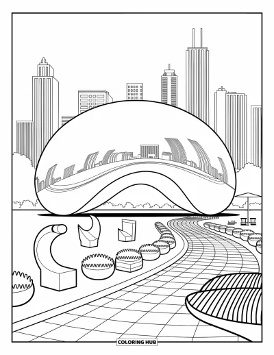 Coloriage de Chicago pour adultes : Scène urbaine animée près de The Bean à Chicago avec des bancs, des arbres et des détails de parc