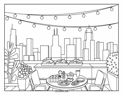 Coloriage de Chicago pour adultes : Une terrasse sur les toits du centre de Chicago avec des vues sur la skyline, des guirlandes lumineuses et des spécialités locales