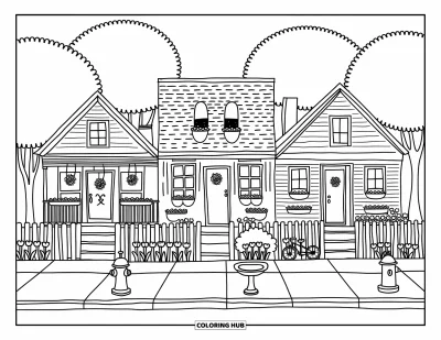 Coloriage de Chicago pour adultes : Une rangée de bungalows classiques de Chicago avec des toits en pente, des arbres et un charme de jardin plaisant