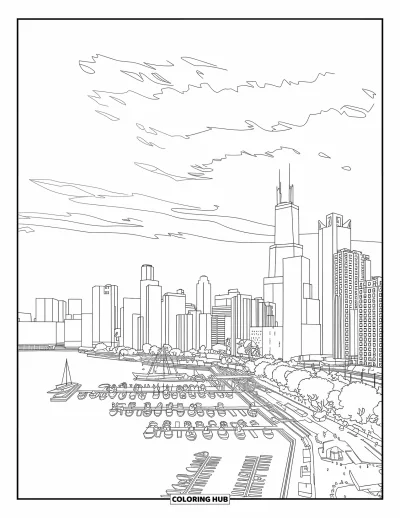 Coloriage de Chicago pour adultes : Vue sur la skyline avec le Wrigley Building et la Trump Tower se dressant au-dessus de bateaux sur le lac Michigan
