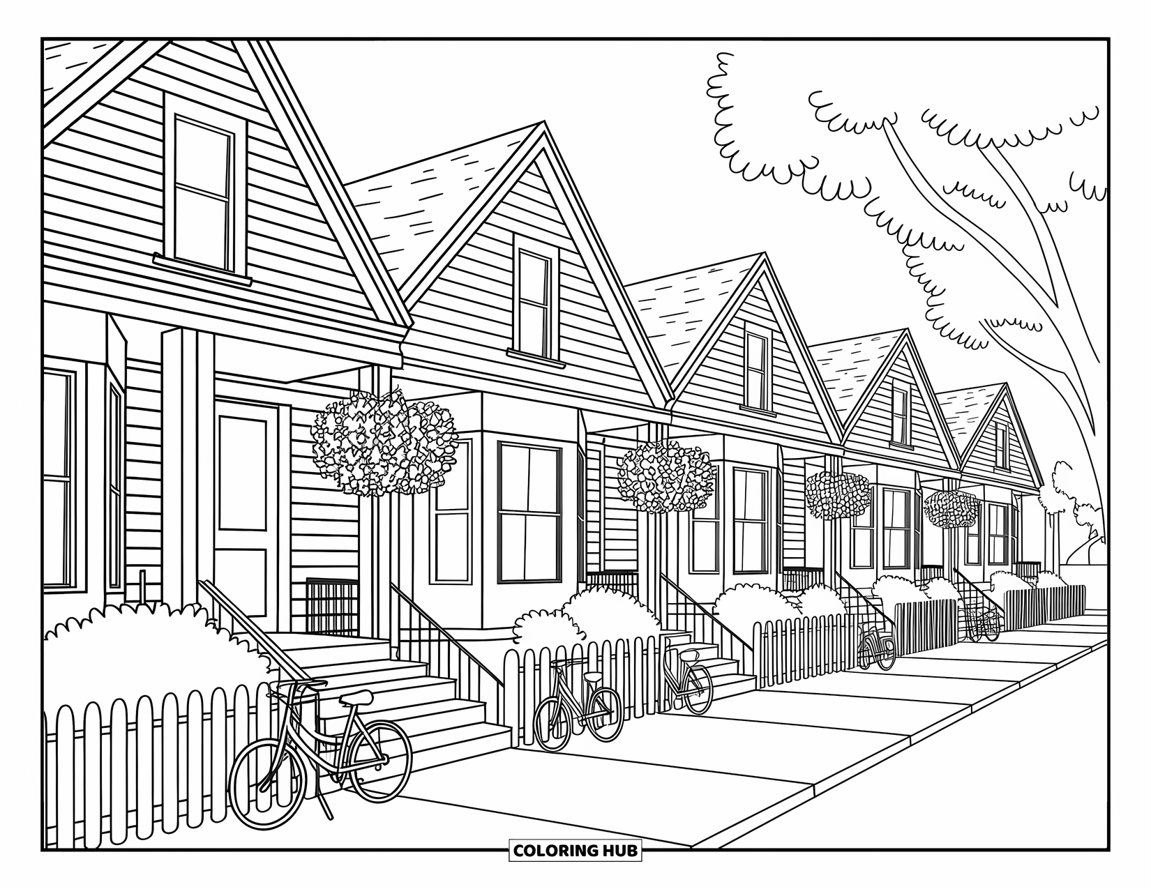Chicago Coloring Page for Adults: Sloped-roof Chicago bungalows sit behind fences with tulips, bikes, and welcoming porches