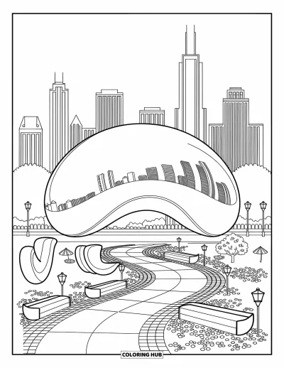 Coloriage de Chicago pour adultes : The Bean reflète les gratte-ciel, les arbres et les bancs incurvés du Millennium Park