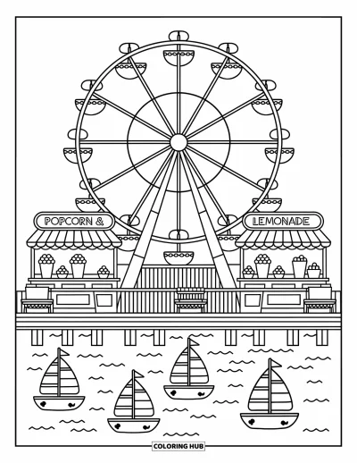 Coloriage de Chicago pour adultes : La grande roue fantaisiste de Navy Pier avec des stands de popcorn et des bancs au bord de l'eau