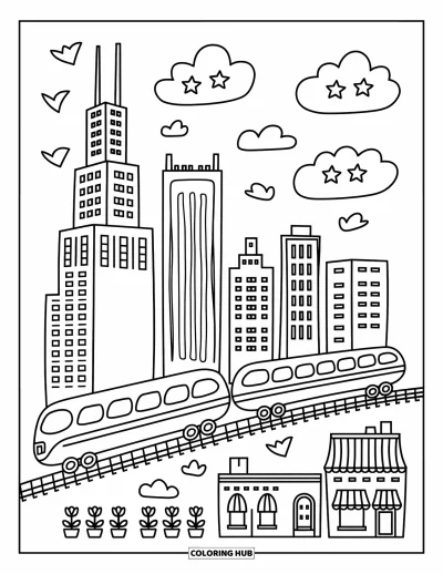 Coloriage de Chicago pour adultes : La Willis Tower fantaisiste au-dessus d'un train « L » étoilé et d'une rue miniature de Chicago