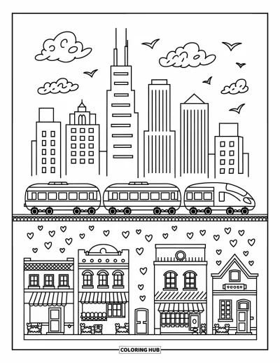 Coloriage de Chicago pour adultes : La Willis Tower se dresse derrière le train « L », des jardinières de tulipes et des oiseaux en vol