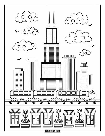 Coloriage de Chicago pour adultes : La Willis Tower domine au-dessus d'un mignon train « L » et de bâtiments urbains pleins de charme