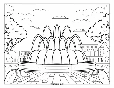Coloriage de Chicago pour enfants : De grands jets d'eau jaillissent de la fontaine Buckingham de Chicago dans un parc serein
