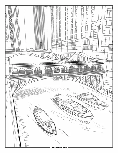 Coloriage de Chicago pour enfants : Un pont en arc au-dessus de la Chicago River avec des bateaux et des tours modernes alentour