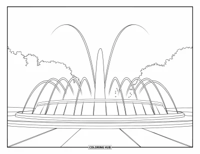 Coloriage de Chicago pour enfants : La fontaine Buckingham jaillit haut dans un parc de Chicago entouré d'arbres