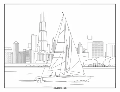 Coloriage de Chicago pour enfants : Des eaux paisibles au bord du lac à Chicago avec un voilier et une vue iconique sur la skyline