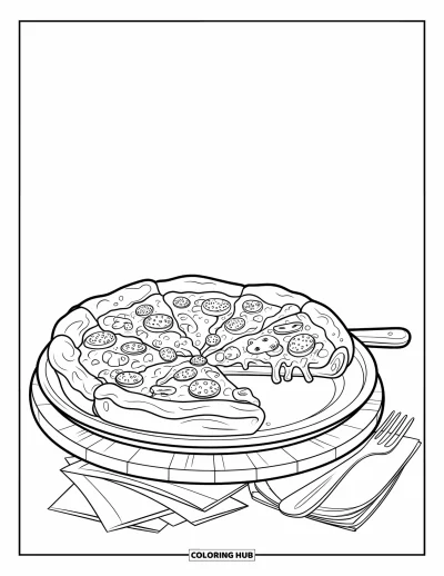 Coloriage de Chicago pour enfants : Une généreuse part de pizza deep-dish de Chicago posée sur une planche en bois avec des garnitures tout autour