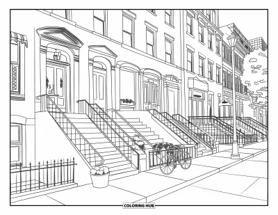Coloriage de Chicago pour enfants : Des maisons en grès brun de Chicago avec des commerces, des arbres et un lampadaire sur une rue chaleureuse