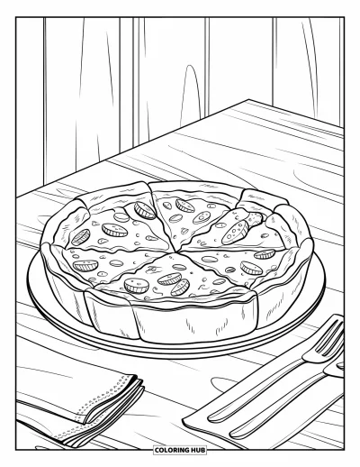 Coloriage de Chicago pour enfants : Une pizza deep-dish de Chicago posée sur une assiette de diner avec des serviettes et une fourchette à côté