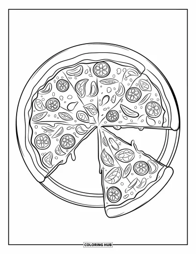 Coloriage de Chicago pour enfants : Une pizza deep-dish de Chicago avec une grande part découpée laissant apparaître le fromage filant
