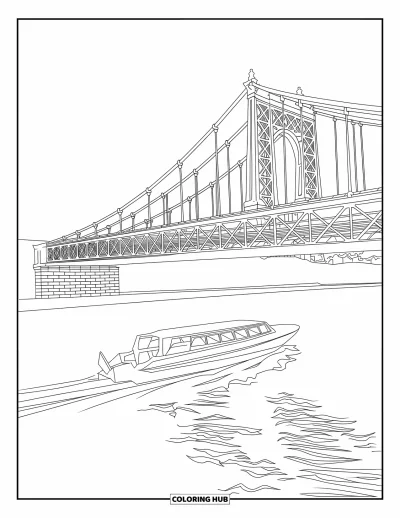 Coloriage de Chicago pour enfants : Un pont sur la Chicago River avec des bateaux naviguant en dessous et des immeubles tout autour