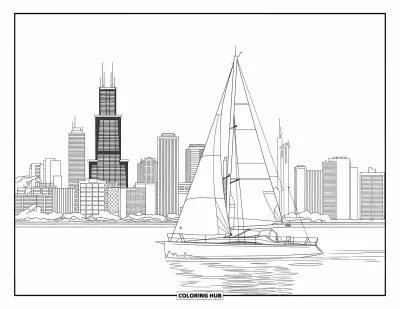 Coloriage de Chicago pour enfants : La skyline de Chicago se reflète sur le lac Michigan tandis qu'un voilier glisse sur l'eau