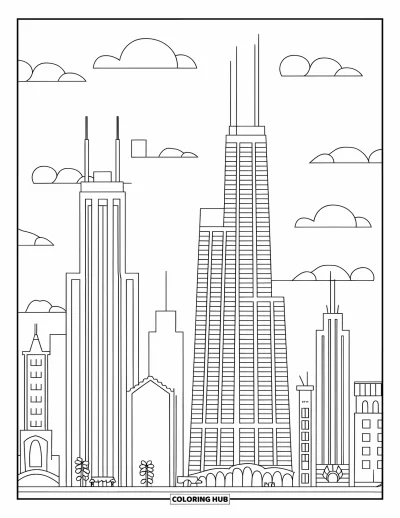 Coloriage de Chicago pour enfants : Vue sur la skyline de Chicago avec ses tours emblématiques et des détails amusants pour les enfants