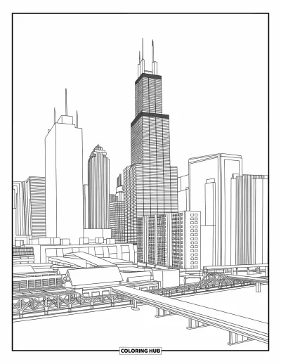 Coloriage de Chicago pour enfants : La skyline de Chicago avec la Willis Tower et le Hancock Center au bord de la rivière et d'un pont