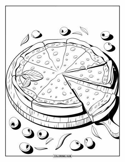 Coloriage de Chicago pour enfants : Une part de pizza deep-dish à la chicagoaise posée sur une planche avec des olives et des garnitures fraîches