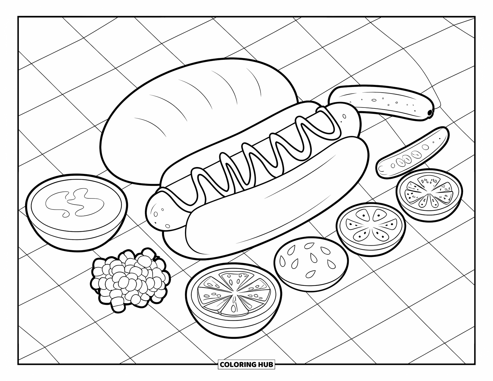 Chicago Coloring Page for Kids: Chicago-style hot dog arranged neatly with mustard, relish, and tomatoes on a checkered table