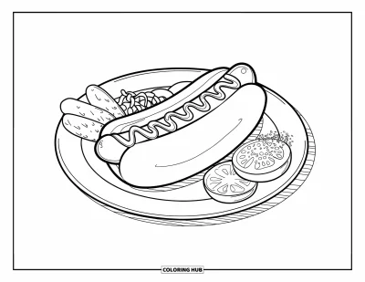 Coloriage de Chicago pour enfants : Un hot-dog à la chicagoaise avec ses garnitures classiques posé bien en ordre sur une assiette
