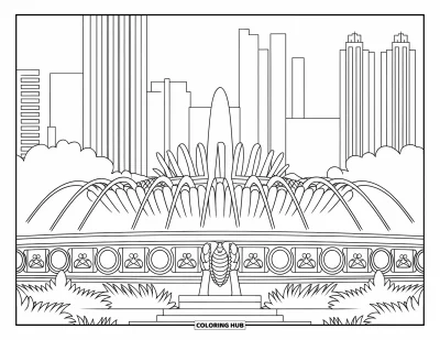 Coloriage de Chicago pour enfants : La fontaine Buckingham de Chicago avec des sculptures, des arbres et des immeubles en arrière-plan