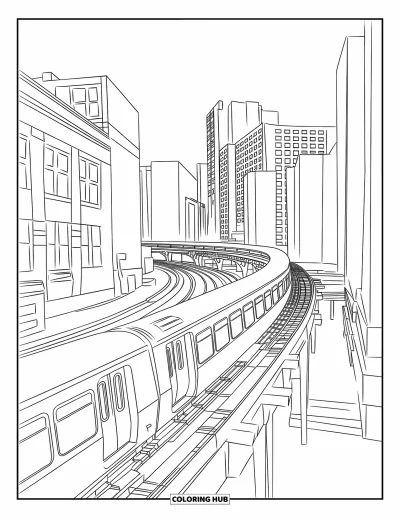 Coloriage de Chicago pour enfants : Le métro aérien « L » de Chicago longe des bâtiments du centre-ville sur des voies surélevées
